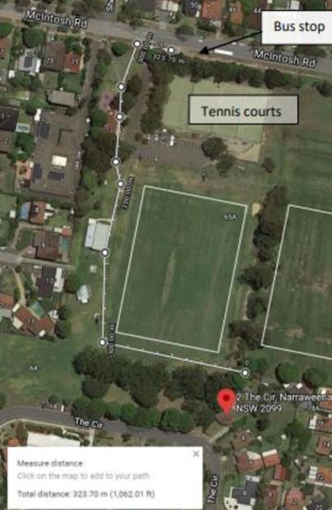 An aerial diagram showing the distance a person would walk from the proposed boarding house complex in The Circle, Narraweena, to the nearest bus stop, via Beverley Job Park. Picture: Northern Beaches Council