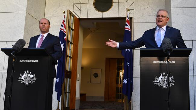 Josh Frydenberg with Prime Minister Scott Morrison at a press conference at Parliament House in Canberra earlier this month. Picture: Sam Mooy/Getty Images