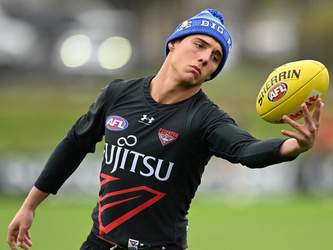 MELBOURNE, AUSTRALIA - JULY 16: Jye Caldwell of the Bombers in action during an Essendon Bombers AFL training session at The Hangar on July 16, 2024 in Melbourne, Australia. (Photo by Daniel Pockett/Getty Images)