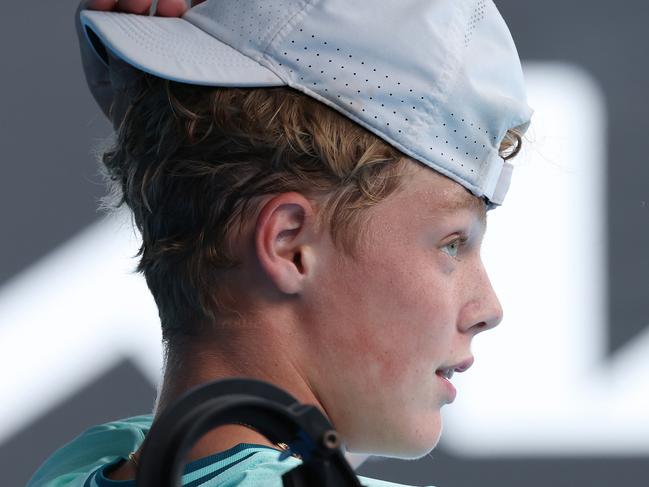 MELBOURNE, AUSTRALIA - JANUARY 21: Cruz Hewitt of Australia looks on in their first round singles match against Alexander Razeghi of the United States during the 2024 Australian Open Junior Championships at Melbourne Park on January 21, 2024 in Melbourne, Australia. (Photo by Darrian Traynor/Getty Images)