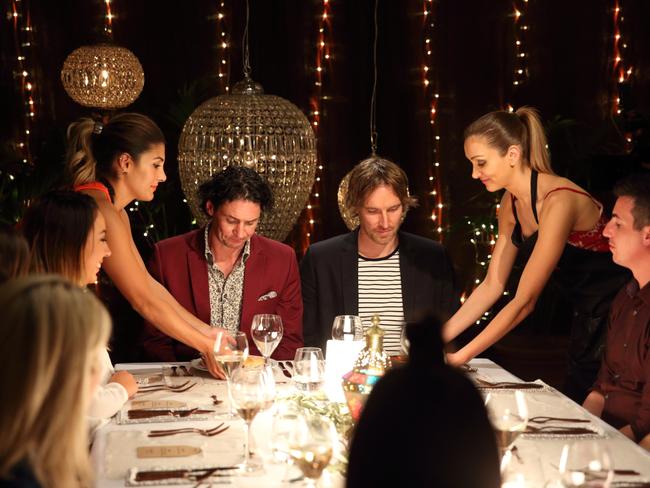 Judges Colin Fassnidge and Darren Robertson at Lama & Sarah’s instant restaurant on MKR. Picture: Channel 7