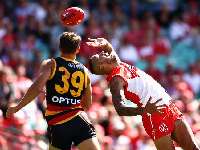 Lance Franklin in action against Adelaide in Round 2. Picture: Cameron Spencer/Getty Images