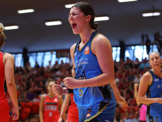 PERTH, AUSTRALIA - FEBRUARY 18: Jade Melbourne of the Capitals celebrates after making a play during the WNBL match between Perth Lynx and UC Capitals at Bendat Basketball Stadium, on February 18, 2024, in Perth, Australia. (Photo by James Worsfold/Getty Images)