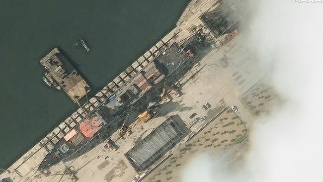 A satellite image taken on May 18, 2025 showing the new North Korean warship at the harbour ahead of its launch. Picture: Maxar Technologies/AFP