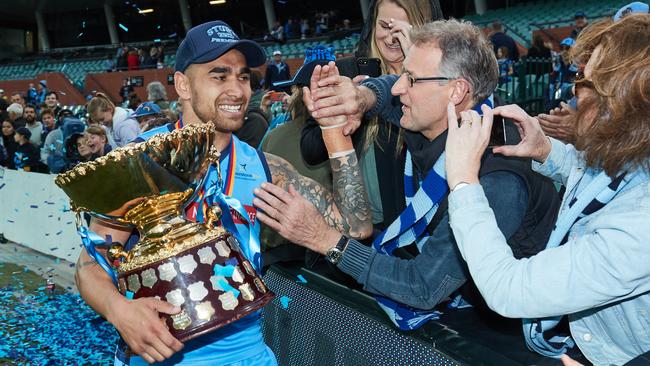 Former Sturt player Byron Sumner celebrating the 2017 SANFL grand final win over Port Adelaide. Sumner has retired from the Double Blues and will coach Aldinga in the SFL in 2021. Picture: Matt Loxton