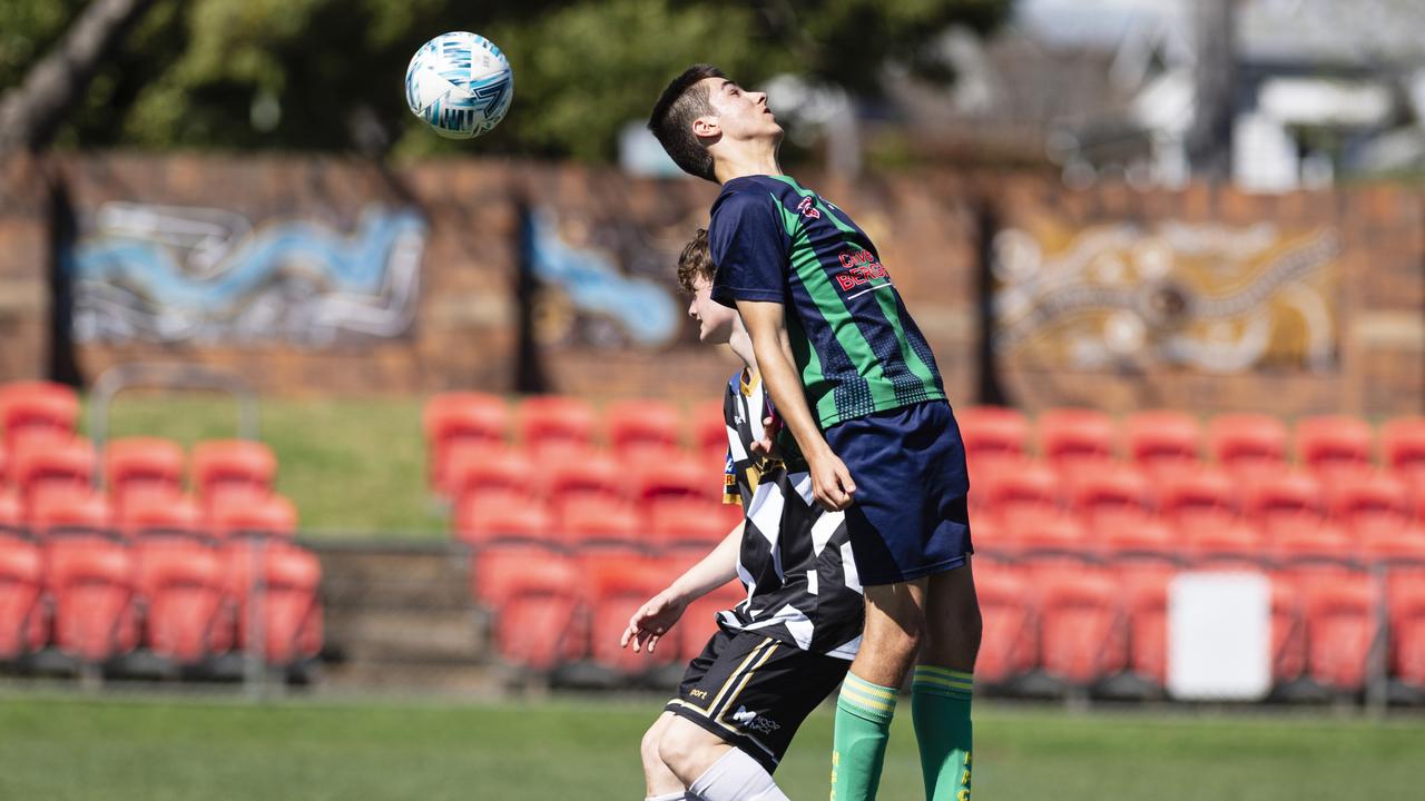 Lennox Turner heads the ball for Highfields against Willowburn White in Football Queensland Darling Downs Community Juniors U14/15 Junior League grand final at Clive Berghofer Stadium, Saturday, August 31, 2024. Picture: Kevin Farmer