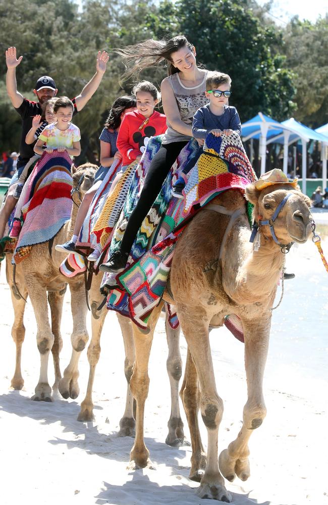 Jessica Winsor and Cohen Davis, 4, ride a camel along the foreshore in Southport as part of the Gold Coast Show. Photo: Richard Gosling