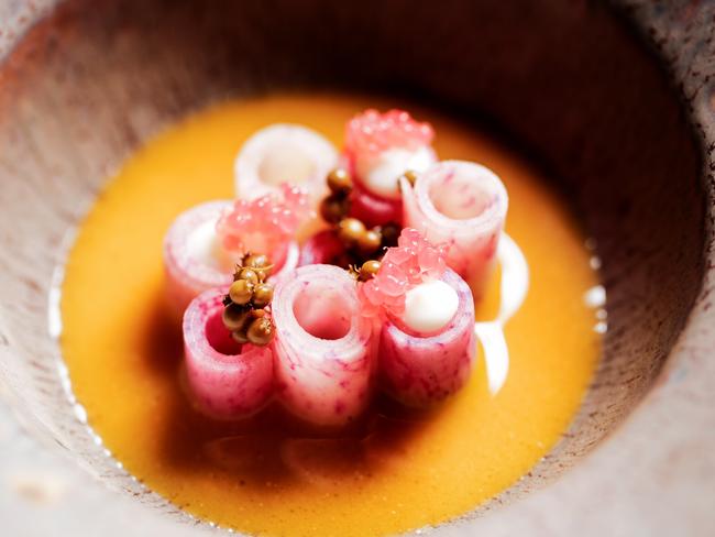 Watermelon radishes with chicken broth at Beaconsfield’s O.MY, one of Dave VerHeul’s top picks. Picture: Nicole Cleary