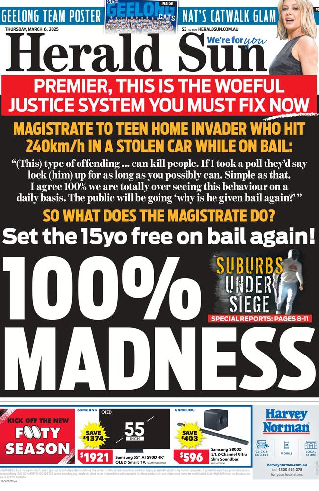The Herald Sun’s call to action after latest bail madness. Picture: Herald Sun.