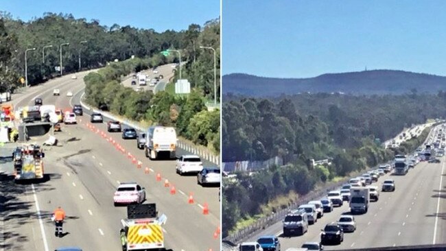 Traffic on the M1 near exit 49 at Pimpama after a truck rolled. Picture: QAS.