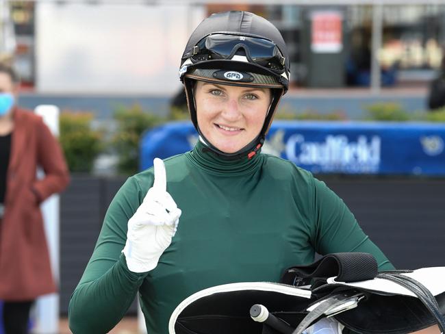 Jamie Kah after Second Slip (NZ) won the Neds Filter Form Handicap , at Caulfield Racecourse on August 14, 2021 in Caulfield, Australia.(Reg Ryan/Racing Photos via Getty Images)