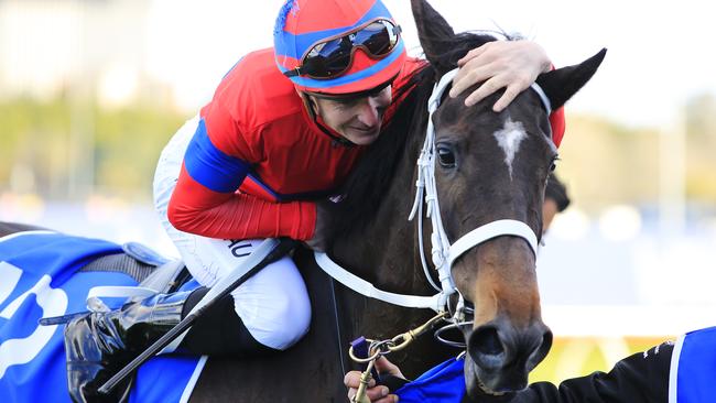 James McDonald was all smiles after Verry Elleegant’s win in the Winx Stakes. Picture: Getty Images