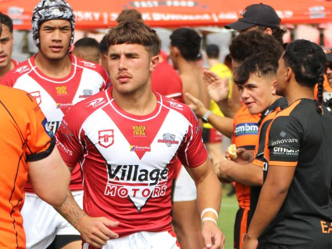 Redcliffe Mal Meninga Cup player Zac Garton pictured running out to play for the Brisbane Tigers.