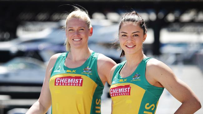 Australian Diamonds netballers Caitlin Thwaites and Sharni Layton.