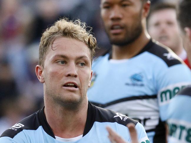 Matt Moylan of the Sharks during the Round 12 NRL match between the Newcastle Knights and the Cronulla-Sutherland Sharks at McDonald Jones Stadium in Newcastle, Sunday, May 27, 2018. (AAP Image/Darren Pateman) NO ARCHIVING, EDITORIAL USE ONLY