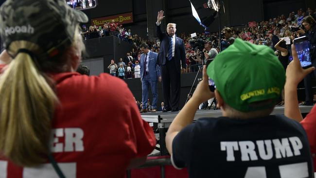 President Donald Trump waves to the crowd ahead of a rally in Billings, Montana, this week. Picture: Susan Walsh/AP