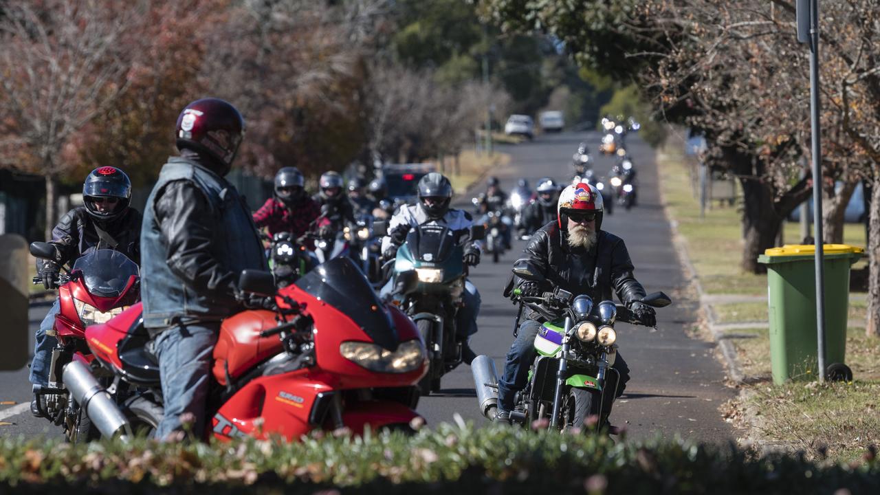 Riders make their way down Long St on the Huggie Bear Memorial Toowoomba Blanket Run organised by Downs Motorcycle Sporting Club. Picture: Kevin Farmer