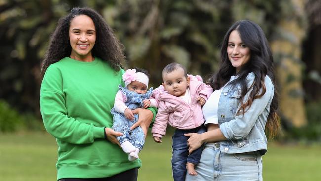 L-R: Pilis Castro with daughter Celeste and Valentina Londono with daughter Antonella in Hyde Park, Sydney.