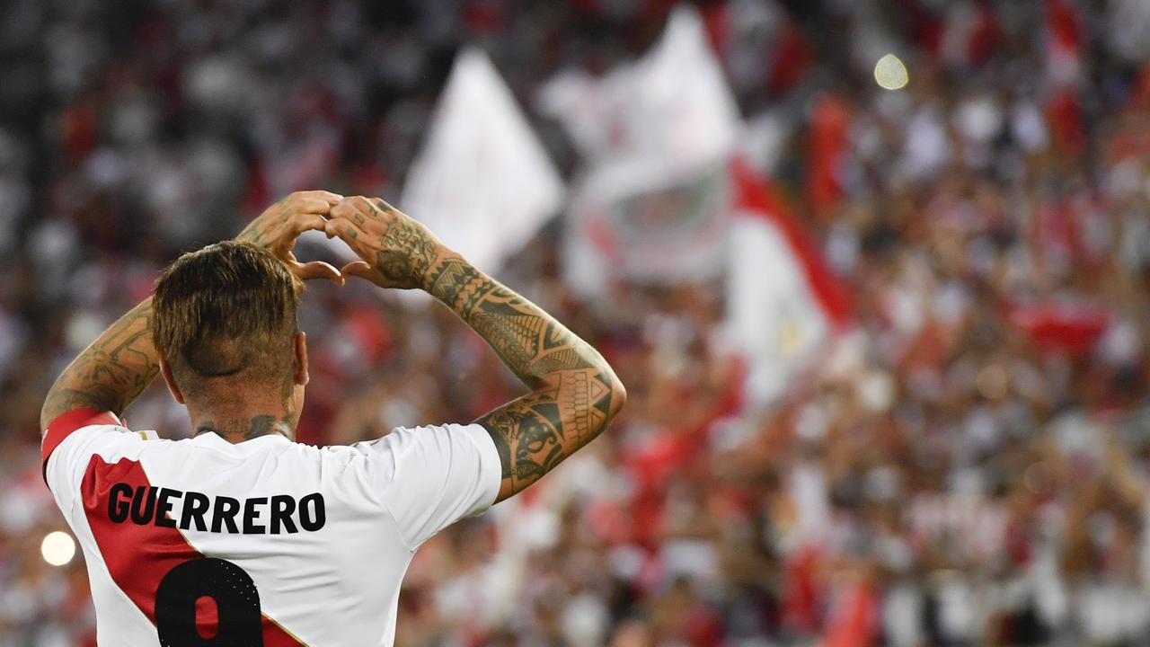 Peru's Paolo Guerrero celebrates after he scored during a friendly soccer match between Saudi Arabia and Peru in kybunpark stadium, St. Gallen, Switzerland, on Sunday, June 3, 2018. (Gian Ehrenzeller/Keystone via AP)