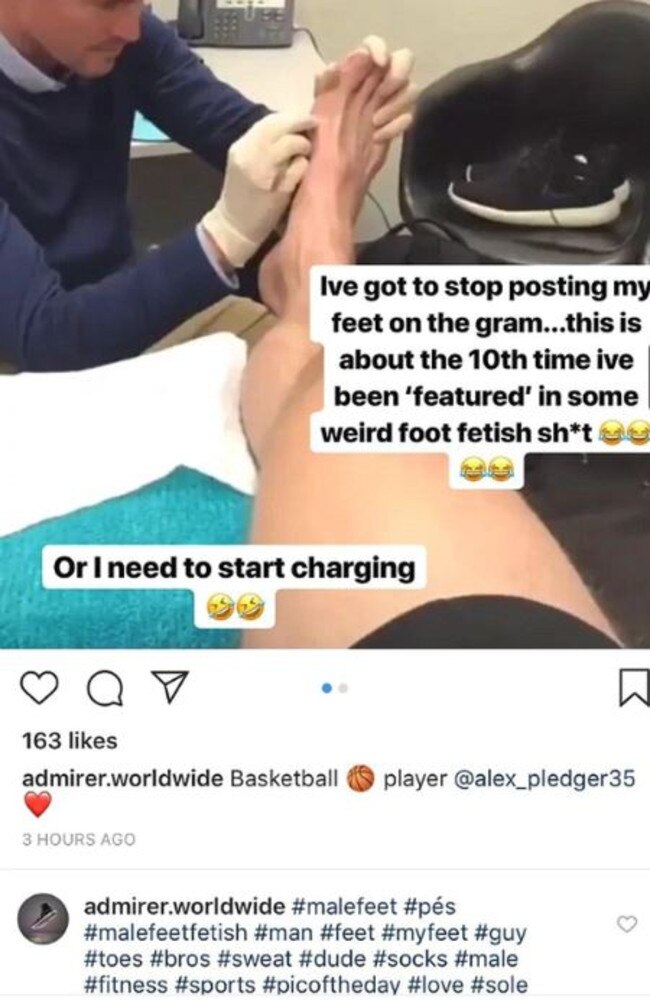 Alex Pledger has had pictures of his feet stolen by foot fetish Instagram accounts. Picture: Instagram/Alex Pledger