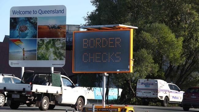 Police patrol the border with NSW at Tweeds Heads. Picture Glenn Hampson