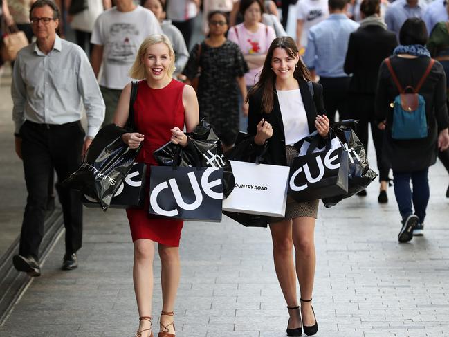 Jill Latt-Day, 23, Albion, and Emma Hislop, 26, from Red Hill, have both used Afterpay when shopping, at the Queen Street Mall, Brisbane. Photographer: Liam Kidston.