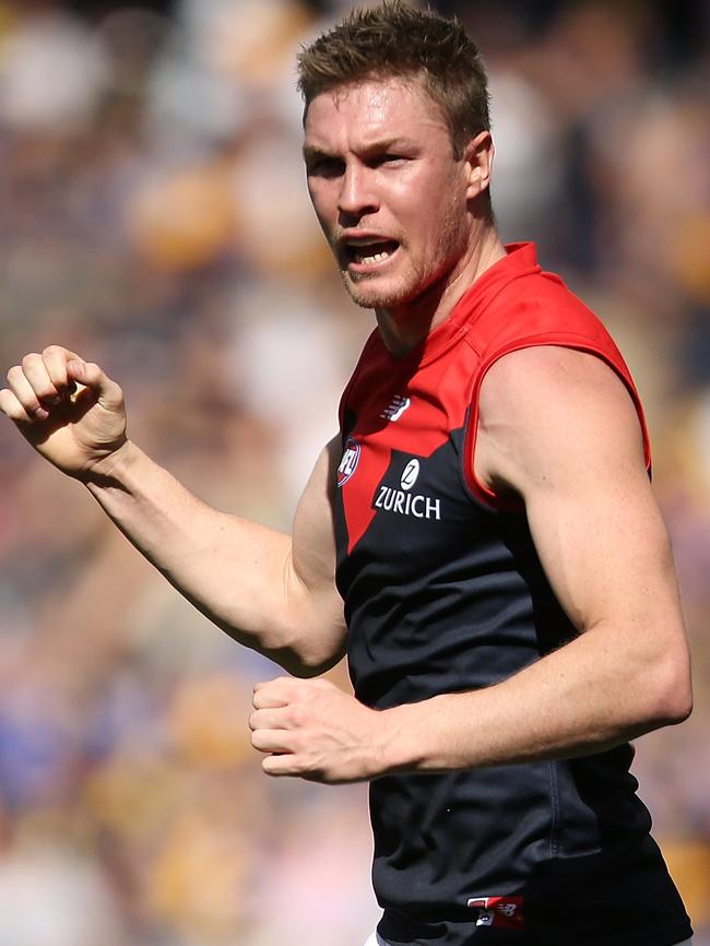 Tom McDonald celebrates a Melbourne goal during the win over the Eagles. Picture: Getty Images