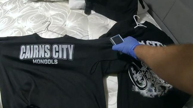 Cairns City Mongols insignia on a t-shirt found at a Cairns house last month. Picture: Queensland Police Service