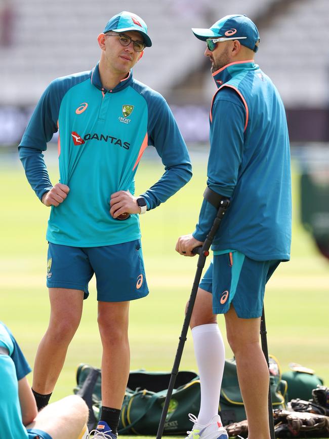 Nathan Lyon on crutches ahead of the start of day three. Picture: Ryan Pierse/Getty Images