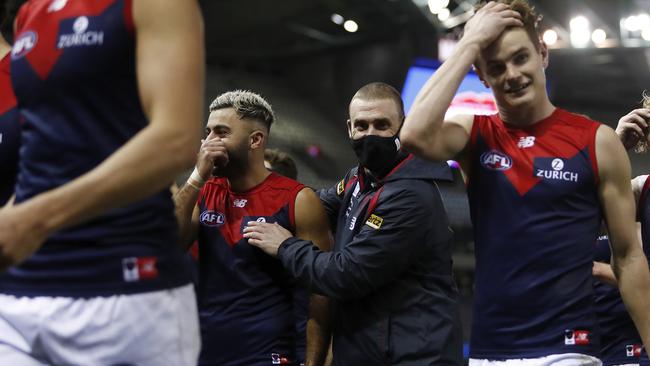 MELBOURNE, AUSTRALIA - MAY 28: Simon Goodwin, Senior Coach of the Demons celebrates with Christian Salem of the Demons during the 2021 AFL Round 11 match between the Western Bulldogs and the Melbourne Demons at Marvel Stadium on May 28, 2021 in Melbourne, Australia. (Photo by Dylan Burns/AFL Photos via Getty Images)