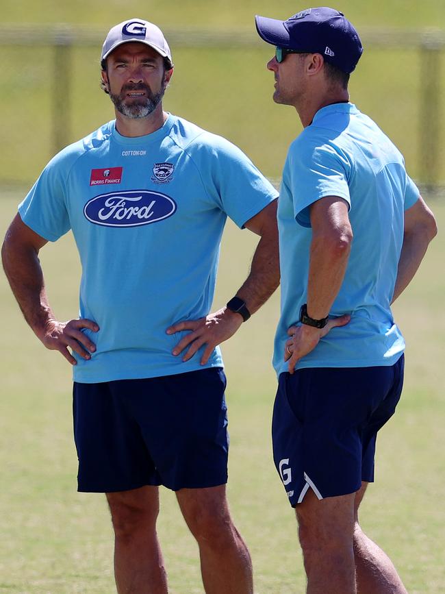 Chris Scott and Nigel Lappin chat at training. Picture: Michael Klein