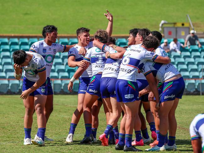 Warriors celebrate their upset over the Eels. Picture: Adam Wrightson Photography