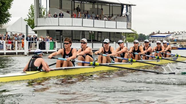 Brisbane Boys’ College’s team in Wednesday’s Henley Regatta preliminary race on the Thames. Picture: Jonathan O’Rorke