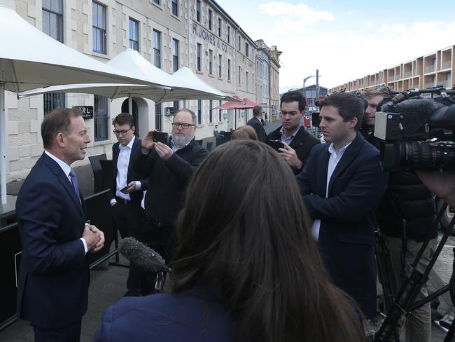 Tony Abbott speaks to media on Hobart's waterfront this morning. Picture: Luke Bowden