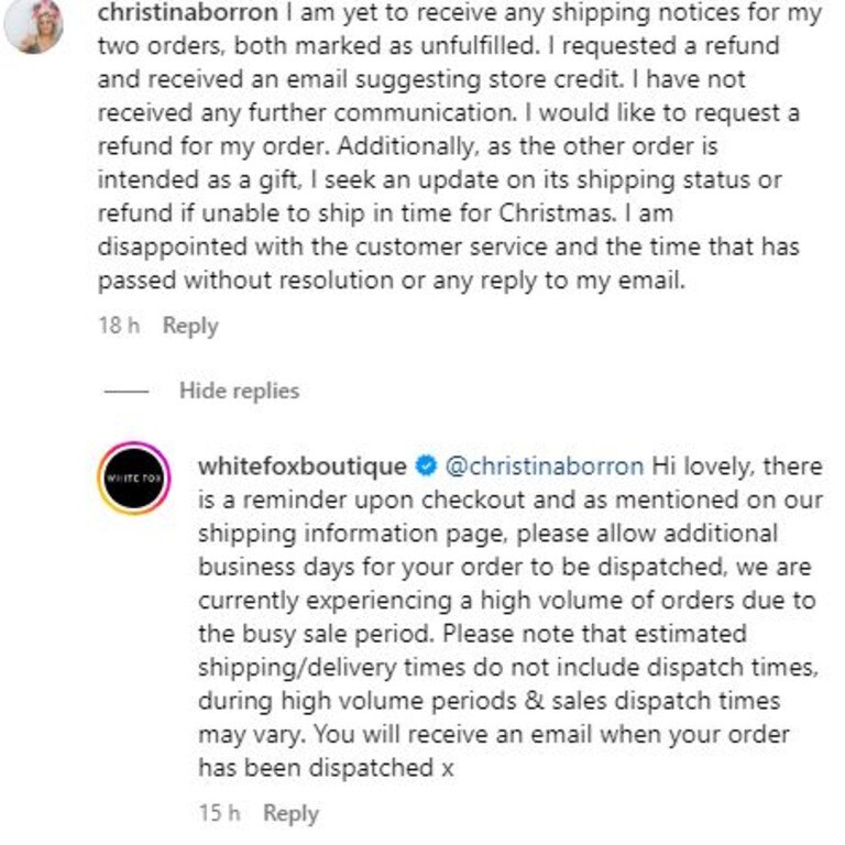 Angry customers are starting to question whether they will receive orders before Christmas. Picture: Instagram.