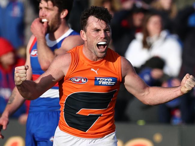 MELBOURNE, AUSTRALIA - July 29, 2023. AFL .  Brent Daniels of the Giants on the final siren     during the round 20 match between Western Bulldogs and GWS Giants at the Mars Stadium on July 29, 2023, in Ballarat, Australia. Photo by Michael Klein.