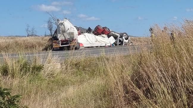 A prime mover rolled at the intersection of Boongary Rd and Gracemere Stanwell Industrial Precinct Rd, Gracemere, on Saturday morning. Picture: Kent Murray