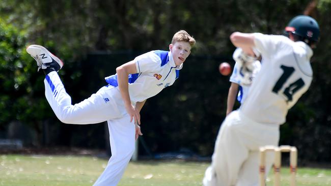 St Edmund's College bowler Sam Morris . Picture, John Gass