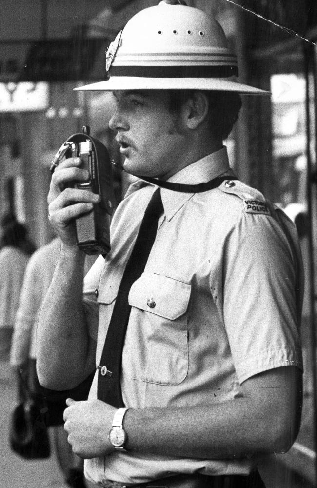 December 1973: Pith helmets were part of the Victoria Police summer uniform, as modelled by Constable David Shawyer in Smith Street, Collingwood. Picture: Herald Sun