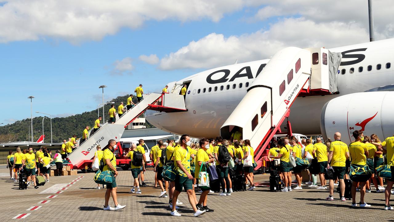 Australian athletes board their charter flight to Tokyo. Picture: Kelly Defina/Getty Images