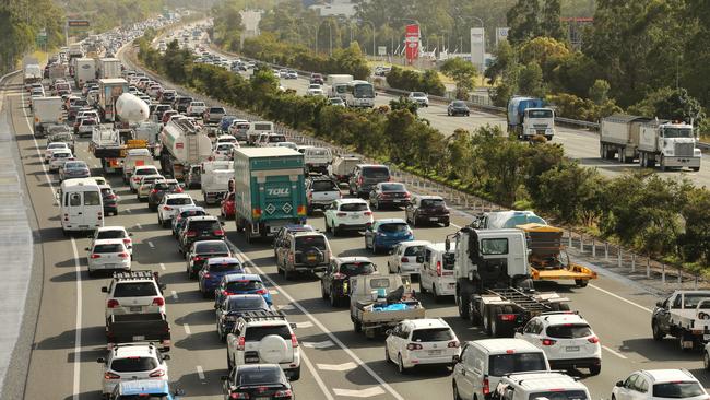 Traffic gridlock on the M1 — photograph taken from the Smith Street overpass. Picture: Mike Batterham.