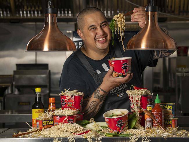 27/4/22 - Morgan McGlone of Belles Hot Chicken fame armed with quality local and seasonal South Australian produce to pimp up cup noodles in Victoria Square as part of Tasting Australia. Picture: Naomi Jellicoe