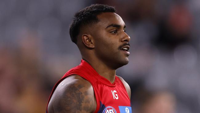 MELBOURNE, AUSTRALIA - AUGUST 10:  Kysaiah Pickett of the Demons celebrates a goal during the round 22 AFL match between Melbourne Demons and Port Adelaide Power at Melbourne Cricket Ground, on August 10, 2024, in Melbourne, Australia. (Photo by Darrian Traynor/AFL Photos/via Getty Images)