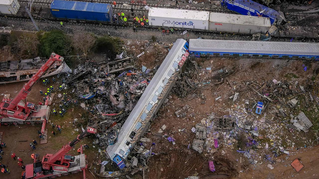 Dozens of people have been killed after a collision between two trains caused a derailment near the Greek city of Larissa. Picture: AFP.