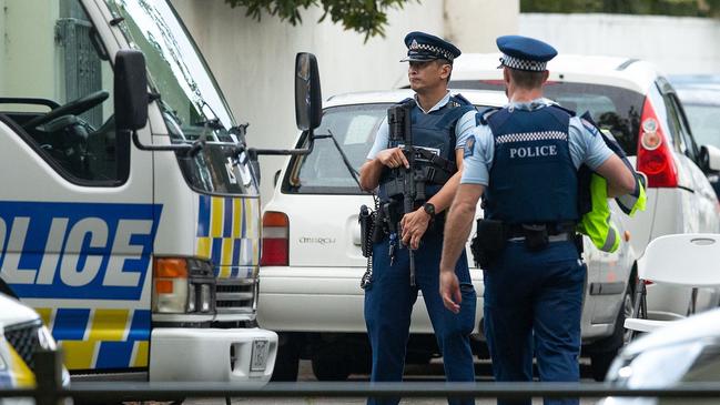 Police patrol Deans Avenue, the scene of the Masjid Al Noor mass killing.