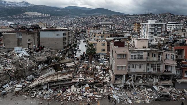 An aerial view of debris of a collapsed building after a 7.8 magnitude earthquake hit Hatay in Turkey. Picture: Murat Sengul / Anadolu Agency via Getty Images