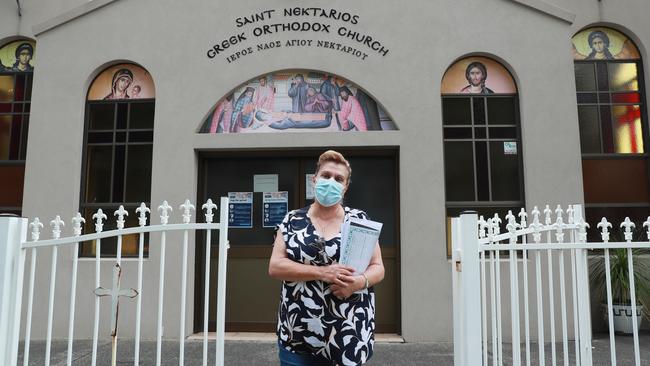 Saint Nektarios Greek Orthodox Church vice-president Kathy Tzamis in Wollongong on Wednesday. The church is closed for cleaning after a COVID-19 case. Picture: John Feder