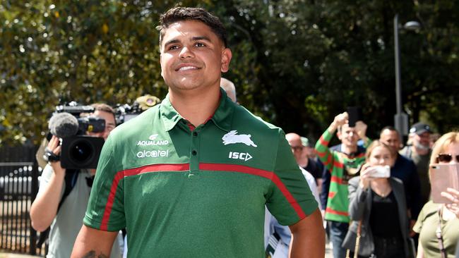 Latrell Mitchell is seen arriving for a press conference at Redfern Oval in Sydney, Monday, January 13, 2020. Latrell Mitchell has signed a one-year deal with South Sydney Rabbitohs. (AAP Image/Bianca De Marchi) NO ARCHIVING