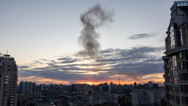 Smoke rises after an explosion at sunset in Kyiv, Ukraine. Picture: Getty Images