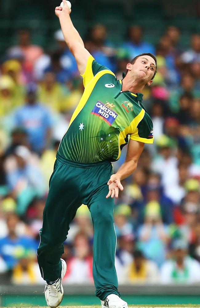 Josh Hazlewood in full flight during the tri-series.